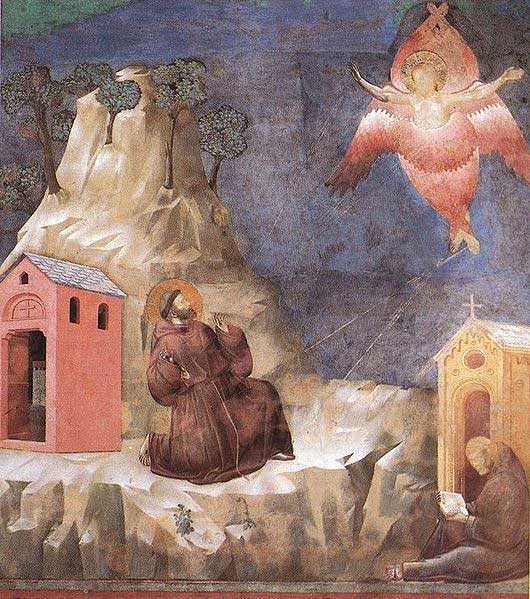 In another painting by Giotto di Bondone, circa 1300 CE, St. Francis is receiving stigmata from a divine creature and/or chariot. It's often hard to tell the gods from their vehicles.