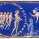 Beatrice watching as Dante kneels before Adam, who stands within a circle of golden stars with five naked souls