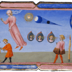 Beatrice explaining some scientific theories to Dante, including the appearance of the moon