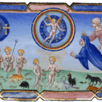 Beatrice explaining to Dante that the universe is a hierarchy of being, with creatures devoid of reason in the early 'sea of being', and heaven as nine spheres rules by the figure of love