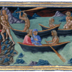 Dante being rowed by Charon across the River Acheron, from the closing lines of Canto III in the Inferno