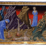 Dante and Virgil entering the area devoted to simoniacs and magicians, while Dante speaks to the upside-down figure of Pope Nicholas III, with a figure of the True Church in the centre, as a lady dressed in blue with a gold star on her breast, and a seven-headed monster before her (presumably the false church)