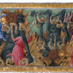 Dante and Virgil witnessing the gigantic figure of Dis, with his three mouths biting on the sinners Cassius, Judas, and Brutus, and Dante and Virgil emerging from the Inferno