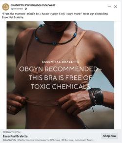 You have to look hard on the website to learn that this bra is made out of plenty of toxic materials: "A GLDNspun knit blend of 81% extra fine Merino wool, 12% nylon, and 7% Spandex."